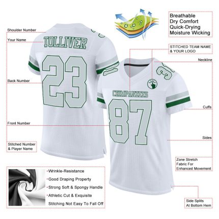 Custom Personalized Authentic Football Jersey with White Silver-Green Mesh - Team Name & Number Personalized White Silver-Green