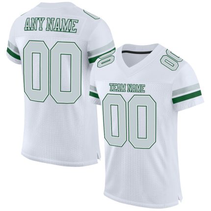 Custom Personalized Authentic Football Jersey with White Silver-Green Mesh - Team Name & Number Personalized White Silver-Green