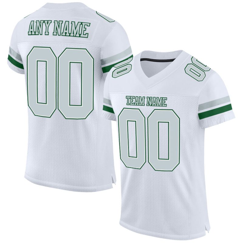 Custom Personalized Authentic Football Jersey with White Silver-Green Mesh - Team Name & Number Personalized White Silver-Green