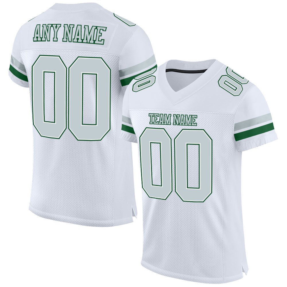 Custom Personalized Authentic Football Jersey with White Silver-Green Mesh - Team Name & Number Personalized White Silver-Green