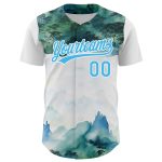 Custom Name and Number Baseball Jersey with 3D Mountains Landscape Design in White and Sky Blue Personalized White Sky Blue