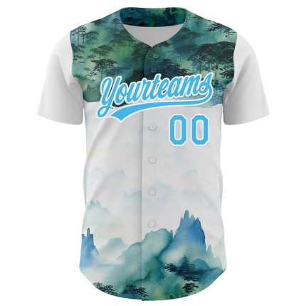Custom Name and Number Baseball Jersey with 3D Mountains Landscape Design in White and Sky Blue Personalized White Sky Blue