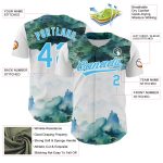 Custom Name and Number Baseball Jersey with 3D Mountains Landscape Design in White and Sky Blue Personalized White Sky Blue