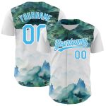 Custom Name and Number Baseball Jersey with 3D Mountains Landscape Design in White and Sky Blue Personalized White Sky Blue