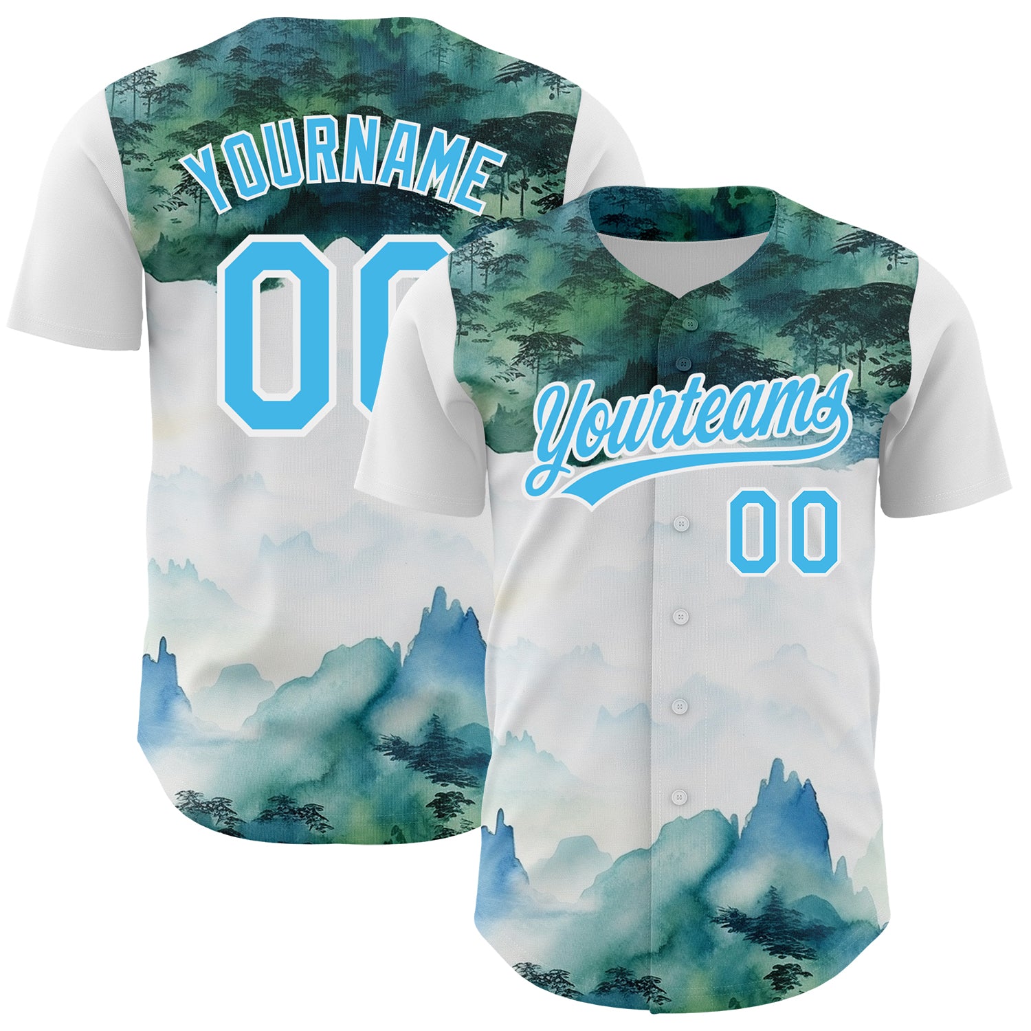 Custom Name and Number Baseball Jersey with 3D Mountains Landscape Design in White and Sky Blue Personalized White Sky Blue