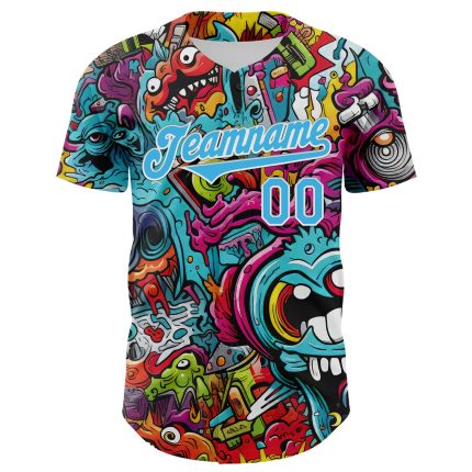 Custom Name and Number Authentic Baseball Jersey Psychedelic 3D Pattern Design, Personalized White Sky Blue Rave Apparel