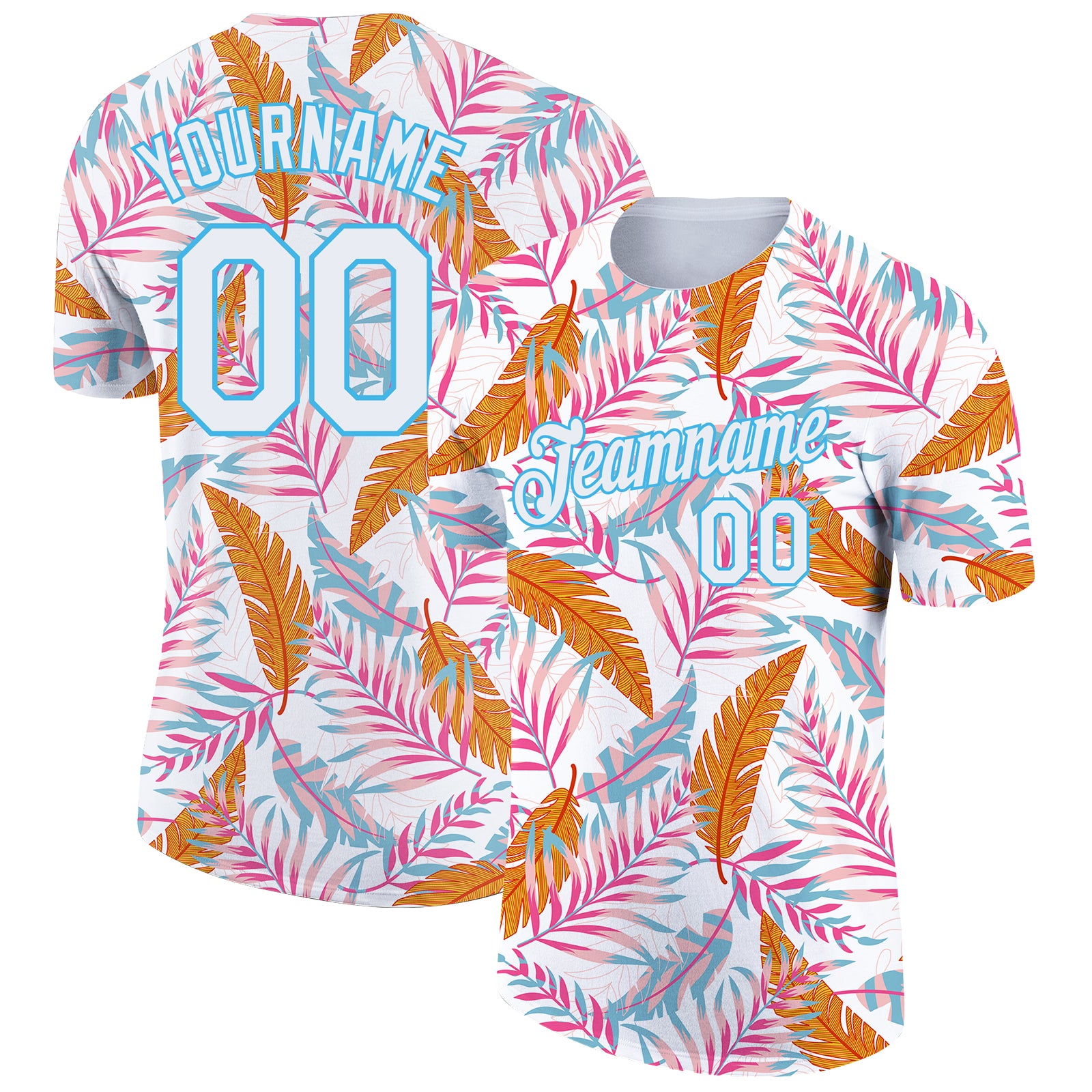 Custom Name Number Tropical Hawaii Leaves Performance T-Shirt - Personalized 3D Sky Blue Design Personalized White Sky Blue