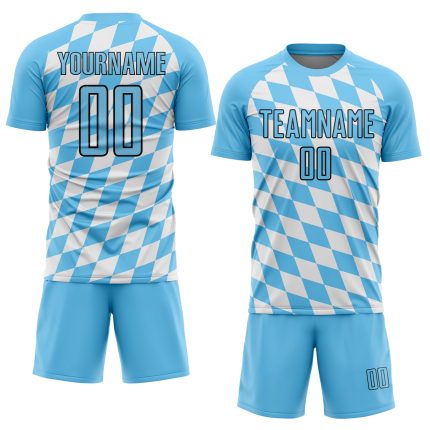 Custom Bavarian Flag Soccer Jersey with Personalized Name and Number - White, Sky Blue, and Black Uniform Personalized White