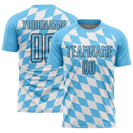 Custom Bavarian Flag Soccer Jersey with Personalized Name and Number - White, Sky Blue, and Black Uniform Personalized White