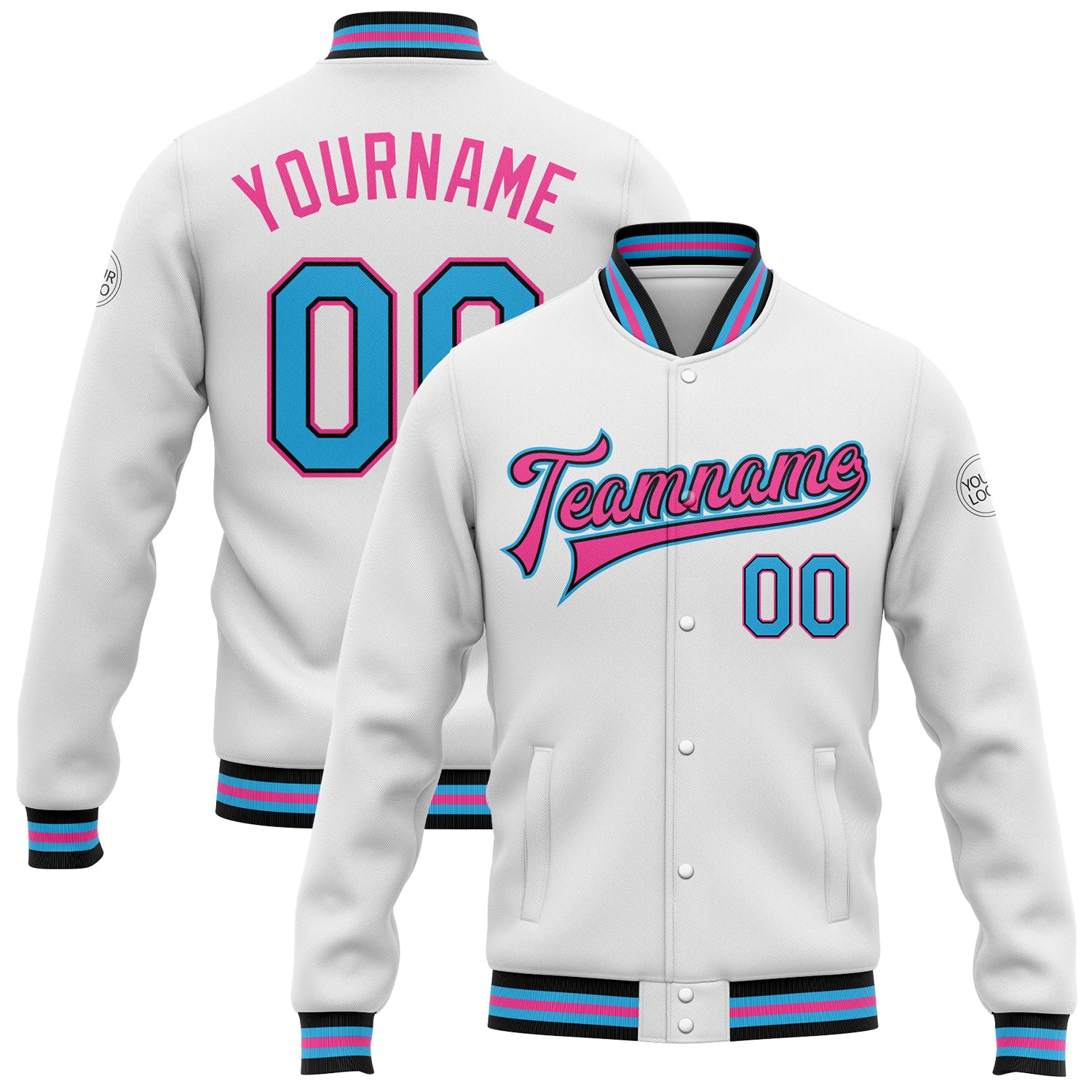 Custom Name and Number Varsity Letterman Jacket - Personalized Sky Blue and Black-Pink Full-Snap Bomber for Team Style Personalized