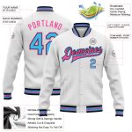Custom Name and Number Varsity Letterman Jacket - Personalized Sky Blue and Black-Pink Full-Snap Bomber for Team Style Personalized