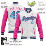 Custom Name & Number Two-Tone Bomber Varsity Jacket in Sky Blue Black Pink - Personalized Full-Snap Letterman Gear Personalized