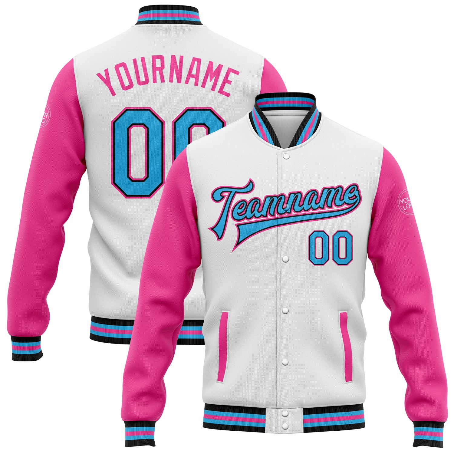 Custom Name & Number Two-Tone Bomber Varsity Jacket in Sky Blue Black Pink - Personalized Full-Snap Letterman Gear Personalized
