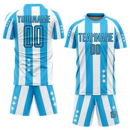 Custom Soccer Jersey with Personalized Name & Number - White Sky Blue Black Stars & Squares Sublimation Team Uniform Personalized