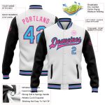 Custom Team Name Number Bomber Jacket Sky Blue Pink Two Tone Varsity Full-Snap Personalized Apparel Personalized White Sky