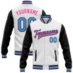 Custom Team Name Number Bomber Jacket Sky Blue Pink Two Tone Varsity Full-Snap Personalized Apparel Personalized White Sky