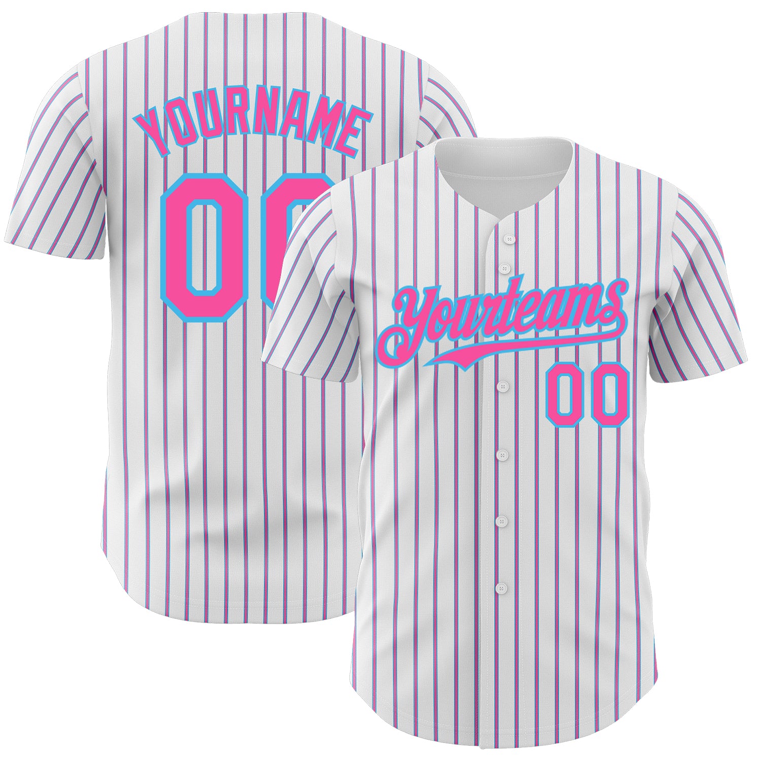 Custom Personalized Pink Sky Blue Baseball Jersey with Pinstripe Design - Authentic Team Name and Number Personalized White