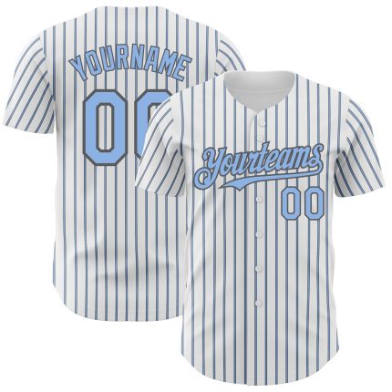 Personalized Custom Baseball Jersey with Name & Number - Light Blue Steel Gray Pinstripe, Authentic Design Personalized White