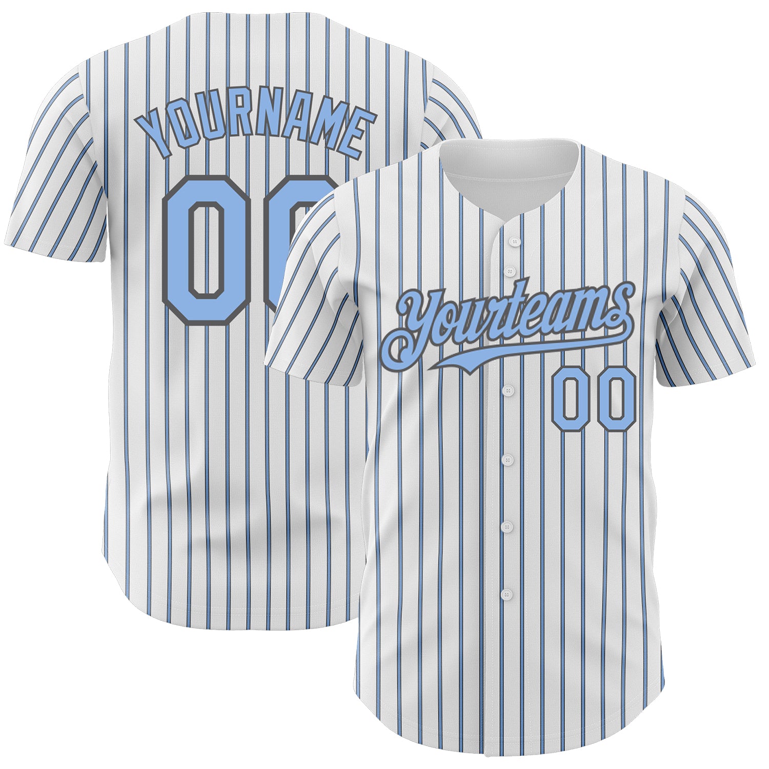 Personalized Custom Baseball Jersey with Name & Number - Light Blue Steel Gray Pinstripe, Authentic Design Personalized White