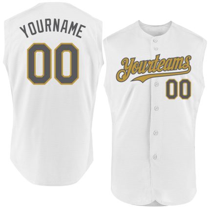 Custom Name and Number Personalized Baseball Jersey in White, Steel Gray, and Old Gold - Authentic Sleeveless Design Personalized