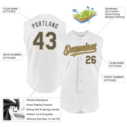 Custom Name and Number Personalized Baseball Jersey in White, Steel Gray, and Old Gold - Authentic Sleeveless Design Personalized