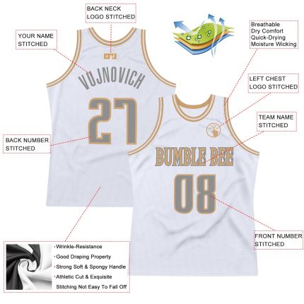 Custom Name Number Personalized Basketball Jersey - White Steel Gray Gold Authentic Throwback Team Jersey Personalized White
