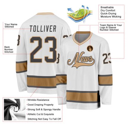 Custom Hockey Jersey in White, Steel Gray, and Old Gold - Personalized Sportswear Personalized White Steel Gray-Old Gold
