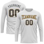 Custom Team Name and Number Performance T-Shirt - Personalized Long Sleeve in White Steel Gray and Old Gold Personalized