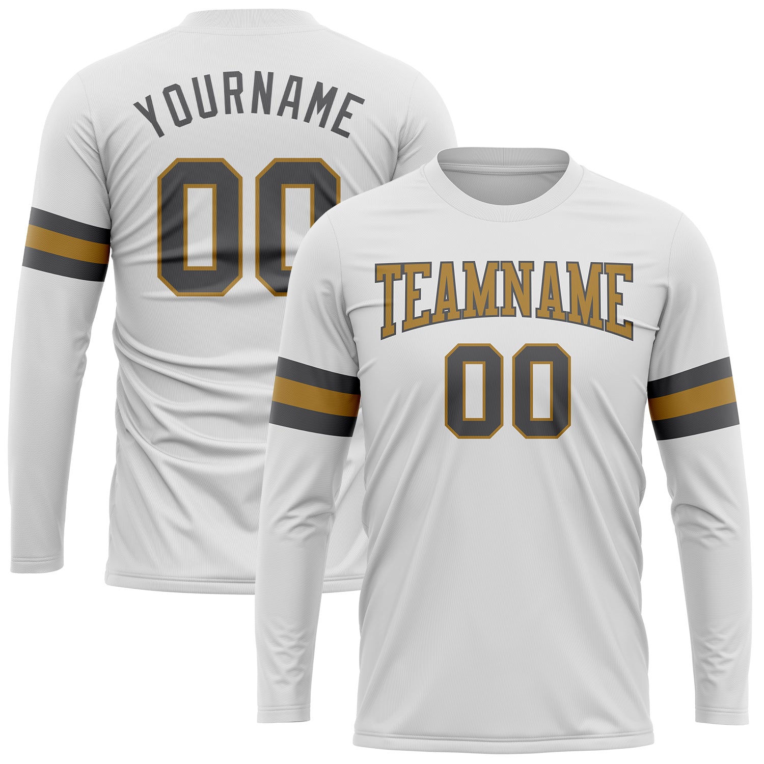 Custom Team Name and Number Performance T-Shirt - Personalized Long Sleeve in White Steel Gray and Old Gold Personalized
