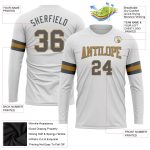 Custom Team Name and Number Performance T-Shirt - Personalized Long Sleeve in White Steel Gray and Old Gold Personalized