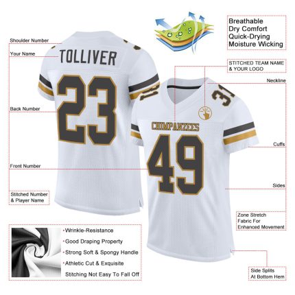 Custom Football Jersey with Personalized Name & Number in White, Steel Gray, Old Gold Mesh - Authentic Team Gear Personalized