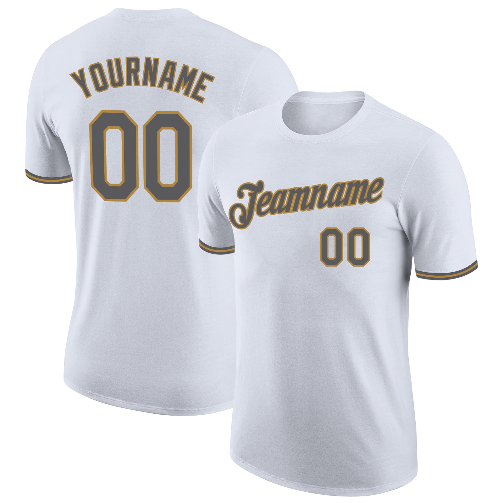 Custom Team T-Shirt with Name and Number - Personalized White Steel Gray-Old Gold Performance Shirt Personalized White Steel