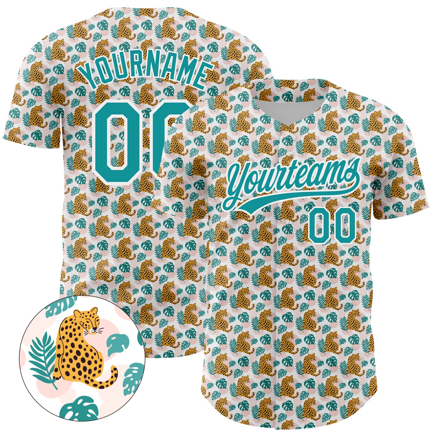 Custom Leopard Baseball Jersey with Personalized Name and Number - White Teal 3D Pattern Design Personalized White Teal 3D
