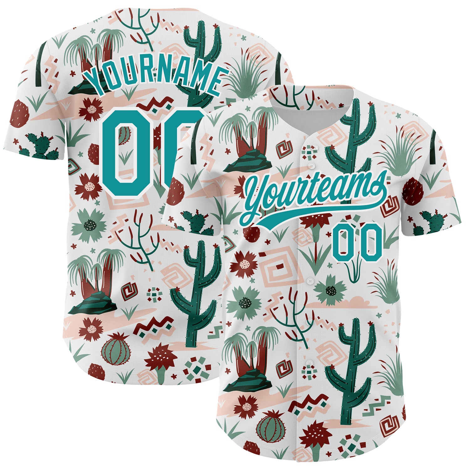 Personalized Cactus Festival Jersey with Custom Name & Number, White Teal 3D Pattern Baseball Jersey Personalized White Teal