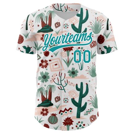 Personalized Cactus Festival Jersey with Custom Name & Number, White Teal 3D Pattern Baseball Jersey Personalized White Teal