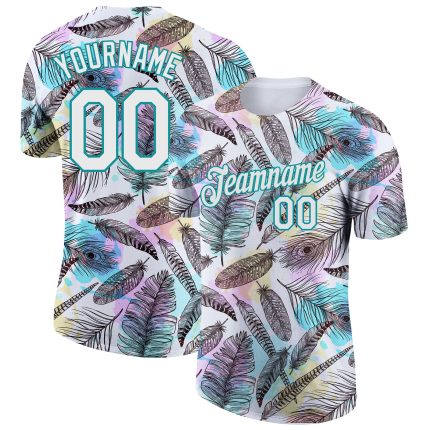 Personalized Teal Feathers 3D Pattern T-Shirt Custom Name & Number - Performance Team Apparel Personalized White Teal 3D