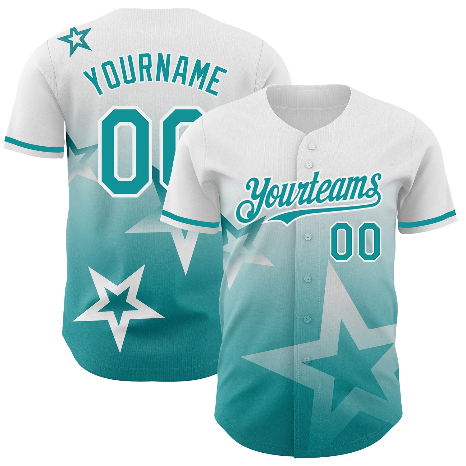 Custom Name and Number Personalized Gradient Twinkle Star Baseball Jersey in White Teal 3D Pattern Design Personalized White