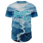Personalized 3D Pattern Baseball Jersey with Custom Name and Number - White Teal Mountains Design Personalized White Teal