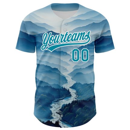 Personalized 3D Pattern Baseball Jersey with Custom Name and Number - White Teal Mountains Design Personalized White Teal