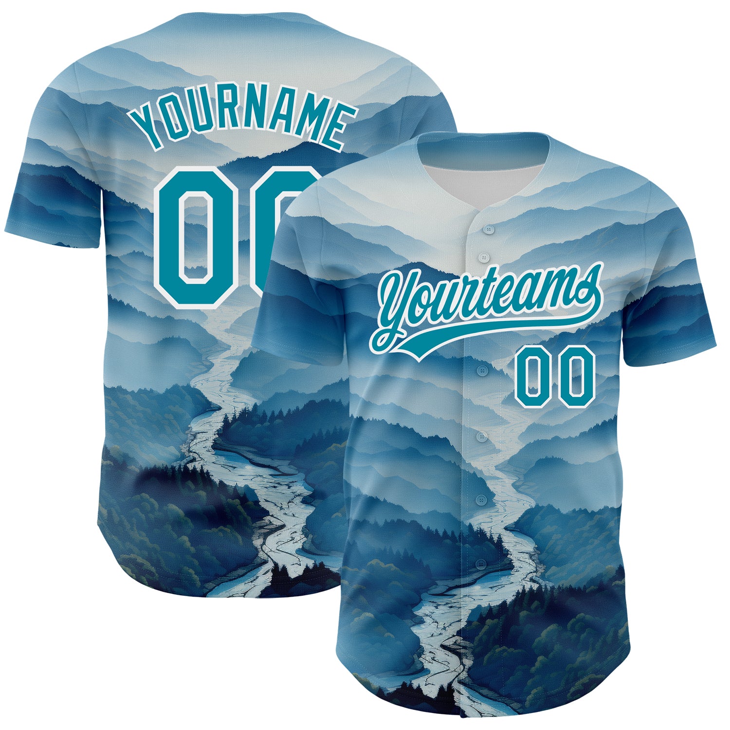 Personalized 3D Pattern Baseball Jersey with Custom Name and Number - White Teal Mountains Design Personalized White Teal