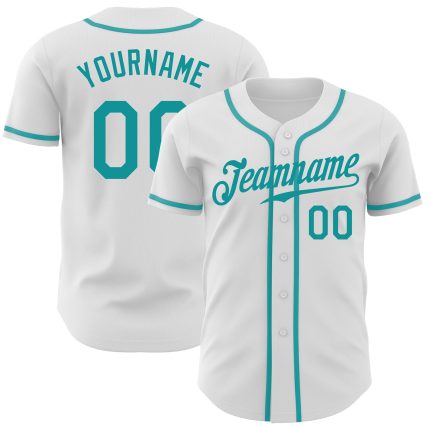 Custom Team Name Number Personalized White Teal Baseball Jersey - Authentic Design Personalized White Teal Authentic Baseball