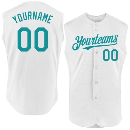 Custom Personalized Baseball Jersey - Sleeveless White Teal with Team Name and Number Personalized White Teal Authentic Sleeveless