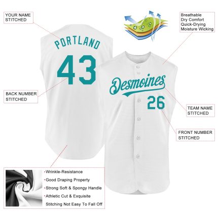 Custom Personalized Baseball Jersey - Sleeveless White Teal with Team Name and Number Personalized White Teal Authentic Sleeveless
