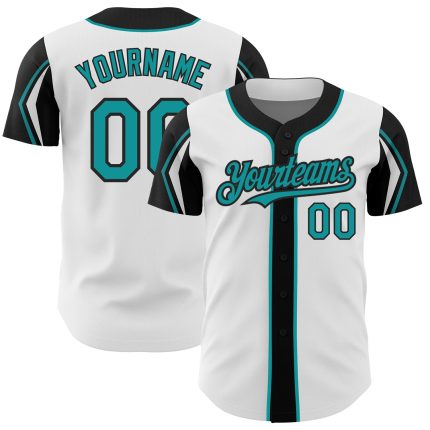 Personalized Authentic Baseball Jersey Custom Name & Number, White Teal-Black 3 Colors Arm Shapes Personalized White Teal-Black