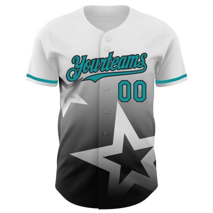 Personalized Twinkle Star 3D Pattern Gradient Baseball Jersey with Custom Name & Number - Authentic Teal-Black Design Personalized