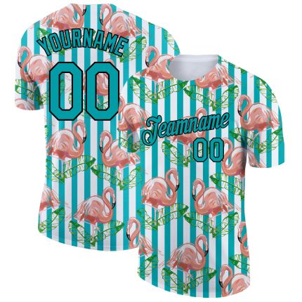 Custom Tropical Hawaii Flamingo Performance T-Shirt with Name and Number, Personalized Teal-Black 3D Pattern Design Personalized