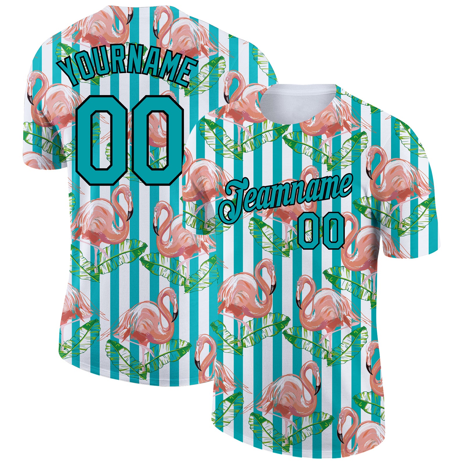 Custom Tropical Hawaii Flamingo Performance T-Shirt with Name and Number, Personalized Teal-Black 3D Pattern Design Personalized