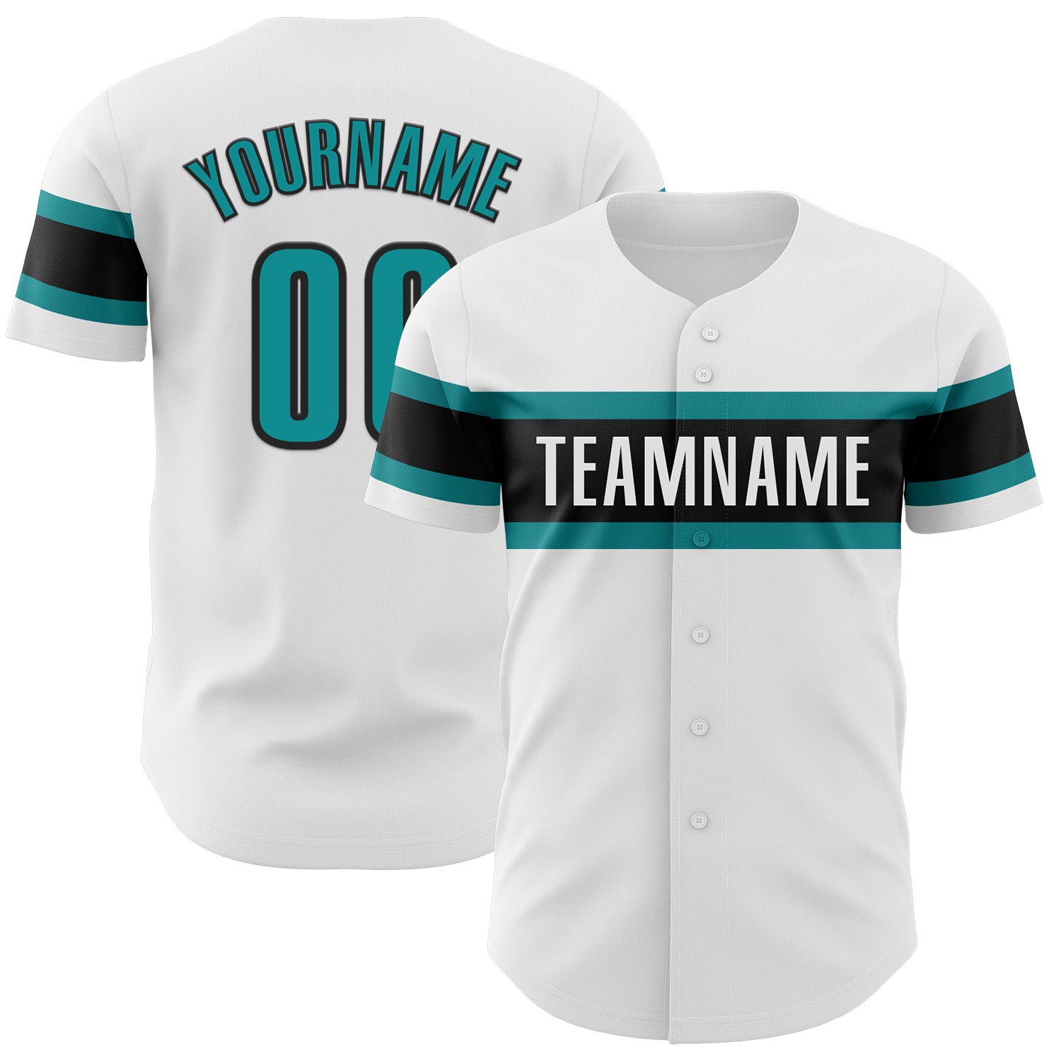 Personalized Authentic Baseball Jersey in White Teal-Black Design Personalized White Teal-Black Authentic Baseball Jersey