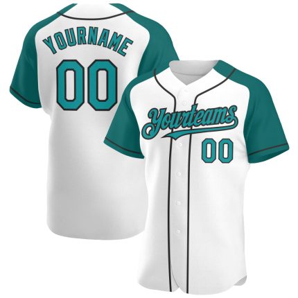 Custom Name Number Baseball Jersey - Personalized Teal Black Authentic Raglan Sleeves Personalized White Teal-Black Authentic