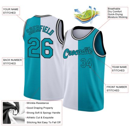 Custom Name & Number Basketball Jersey - Personalized Teal-Black Split Fashion Team Jersey Personalized White Teal-Black